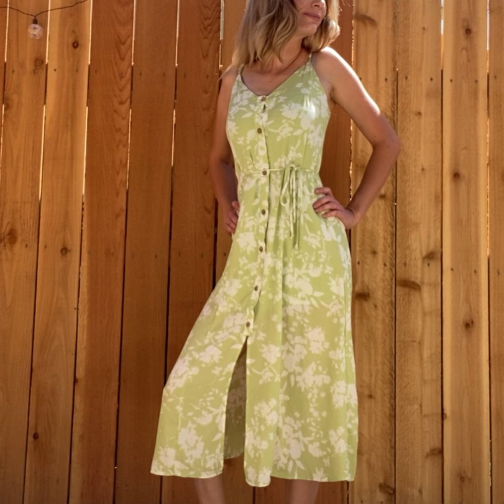 Green and White Sleeveless Floral Dress with buttons and Front Slit